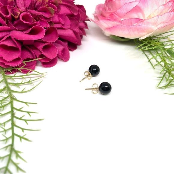 VINTAGE⚜️14K GOLD ONYX Polished 8MM Gemstone Orb Stud Earrings - Picture 4 of 13